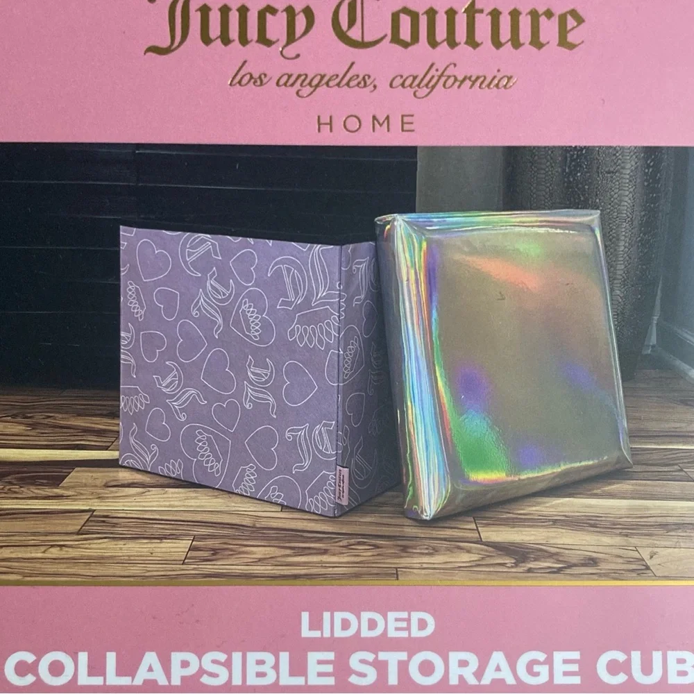 Juicy Couture Lidded Collapsible Storage Cube Iridescent Lid + Purple Crown Logo